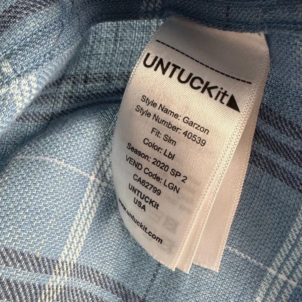 UNTUCKit Garzon Mens Medium Blue Plaid Cotton Linen Slim Fit Button Down Shirt
